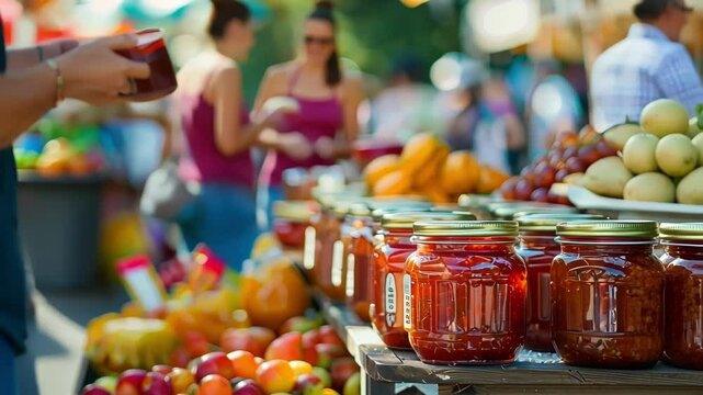 Soft edges of shoppers sampling homemade jams and baked goods in a busy farmers market.