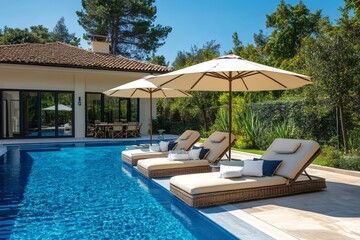 Obraz premium Luxurious poolside loungers inviting relaxation by a tranquil swimming pool