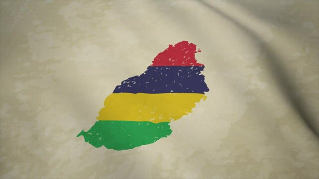 Wavy Map of MAURITIUS with Flag in Body Isolated on Vintage Background