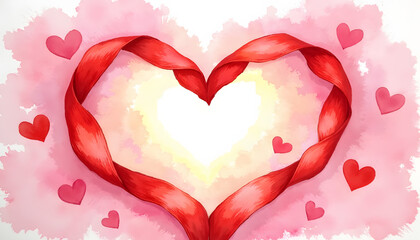 Red ribbon shaped into a heart surrounded by watercolor hearts, perfect for Valentine's Day