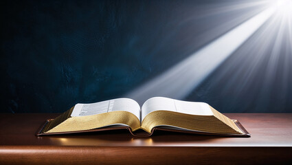 Open holy bible illuminated by beam of light on wooden table