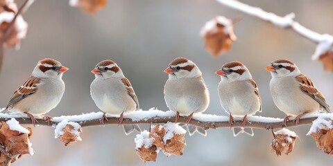 Five sparrows perching on snowy branch in winter