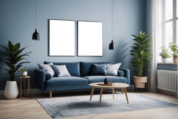 Stylish scandinavian living room interior with design mint green sofa, furnitures, mock up poster, plants, and elegant personal accessories