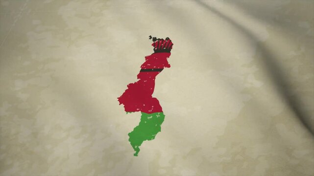 Wavy Map of MALAWI with Flag in Body Isolated on Vintage Background