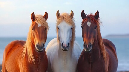 Fototapeta premium Three horses posing on beach at sunset
