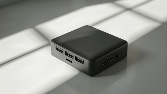 A compact portable power bank with multiple USB ports, featuring a matte surface and sleek, minimalistic design, isolated on a white background with soft shadows