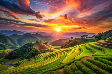 Naklejka premium Hong Kong Rural Sunset: Golden Hour Photography, Idyllic Scenery, Picturesque Landscape, Breathtaking Views