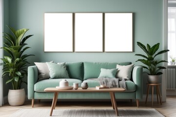 Stylish scandinavian living room interior with design mint green sofa, furnitures, mock up poster, plants, and elegant personal accessories