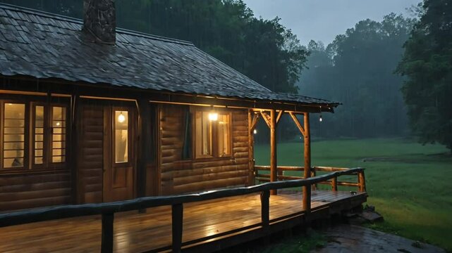 wooden old house in the forest rainy weather at night