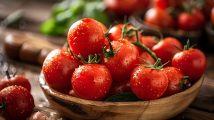 Fresh Cherry Tomatoes in Wooden Bowl