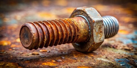 Close-up view of a heavily rusted bolt and nut resting on a corroded metallic surface
