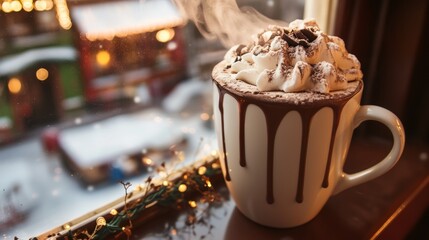 Steaming cup of cocoa on the windowsill amidst winter celebrations and a festive fair