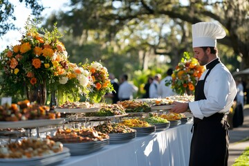 Chef arranging food on buffet table for outdoor event