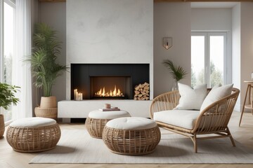 Fototapeta premium Rattan lounge chair, wicker, pouf and white sofa by fireplace