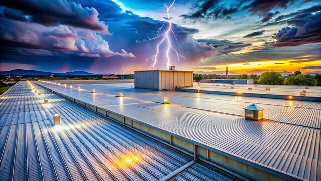 Industrial Building Lightning Protection System: Rolled Roof Mesh & Rods - High-Resolution Photographic Portrait