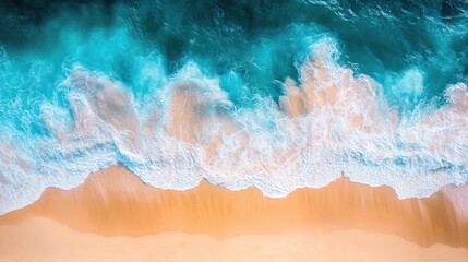 Fototapeta premium Aerial View of Turquoise Ocean Waves Crashing on Sandy Beach