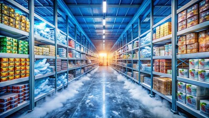 Industrial Freezer Cold Storage Warehouse: Frozen Food Products, Air Conditioning, Storage Shelves