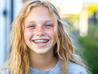 Fototapeta premium A smiling teenager postbraces removal, displaying perfectly straight teeth