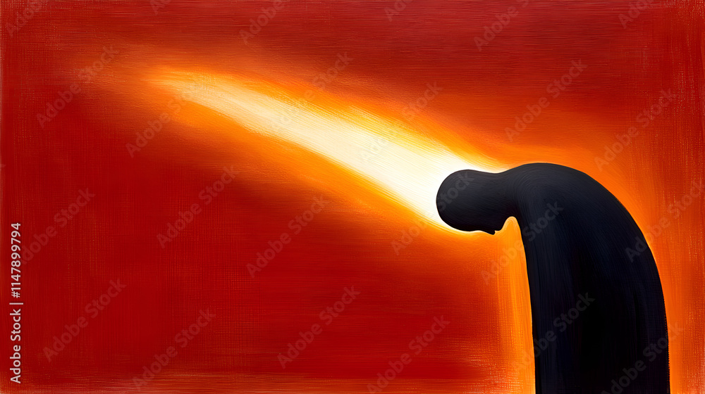 Poster a dynamic abstract painting featuring a black object emitting light against a warm red background.