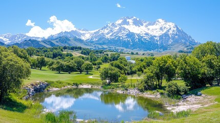 Serene mountain golf course landscape with pond reflecting snowy peaks under a blue sky.