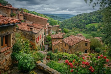Naklejka premium Hillside village with stone houses, red roofs, lush greenery, and a valley view under a cloudy sky.