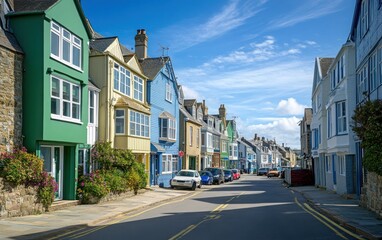 A wide-angle shot of maritime-style colorful houses in St. Ives, Ryder Quay Street, featuring green and blue hues. 