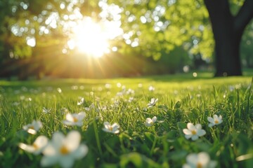 Fototapeta premium Warm sunlight shining on blooming flowers in green grass field