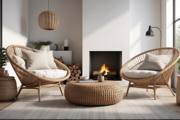 Rattan lounge chair, wicker, pouf and white sofa by fireplace