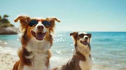 Sunny beachside day with two happy dogs wearing sunglasses near calm blue water