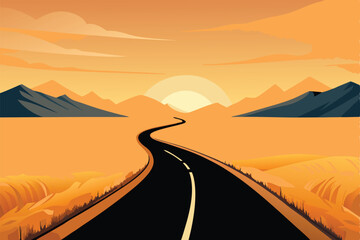 A winding country road cuts through vast, sunlit golden wheat fields, leading towards a distant horizon.  Capture the idyllic rural scene at golden hour.