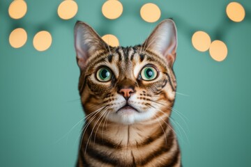 Adorable Bengal Cat Portrait Green Background Festive Lights