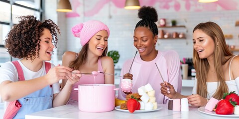 National Buffet Day.Group of diverse friends enjoying a fun fondue gathering with fresh fruits and marshmallows in a cozy, bright setting.