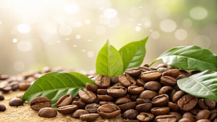 Obraz premium coffee beans on green leaves
