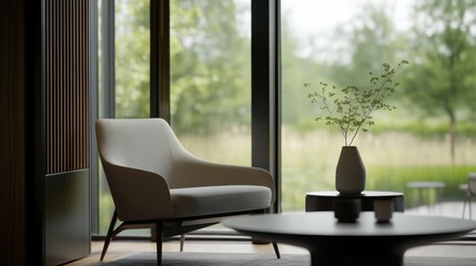 Fototapeta premium Minimalist modern lounge with refined, clean decor. Featuring sleek lines and muted hues
