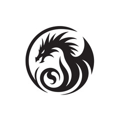 Black dragon in circle logo.