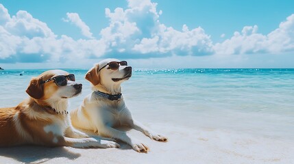Two adorable dogs relaxing in sunglasses under a clear sky near beautiful calm ocean waters