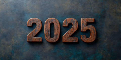 Wooden numeral 2025 positioning against shadowy backdrop, representing annual transition, emerging opportunities, temporal progression marking future expectations