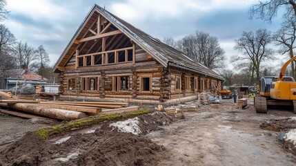Fototapeta premium Log Cabin Under Construction A Rustic Building Project
