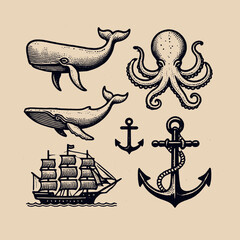 Vintage nautical icon set with octopus, whale, ship, and anchor © Victoria