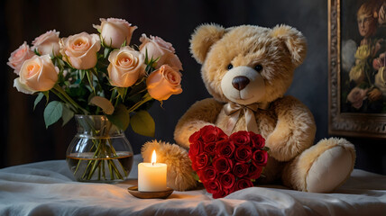 Teddy bear holding a heart-shaped bouquet of red roses next to a candle and pink roses for Valentine's Day