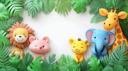 Fototapeta premium Cute 3d animals hiding in the jungle foliage creating a tropical frame