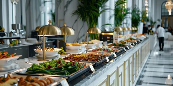 National Buffet Day.A luxurious hotel buffet spread showcasing a variety of gourmet dishes, fresh salads, and indulgent desserts, elegantly displayed under golden lighting.
