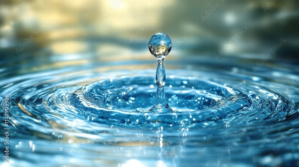 Poster detailed image of a realistic water drop creating circular waves in a clear blue surface with soft l