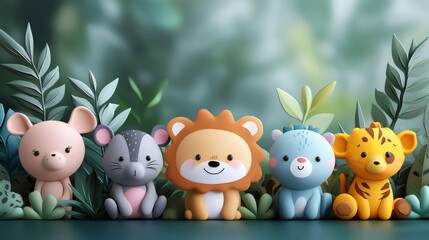 Naklejka premium Adorable 3d cartoon animals sitting in lush green foliage