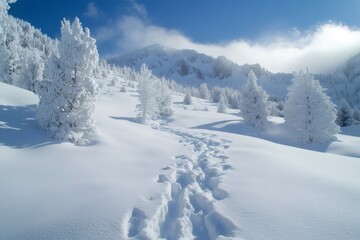 Obraz premium Footprints leading through snowy landscape with frozen trees and mountain peak