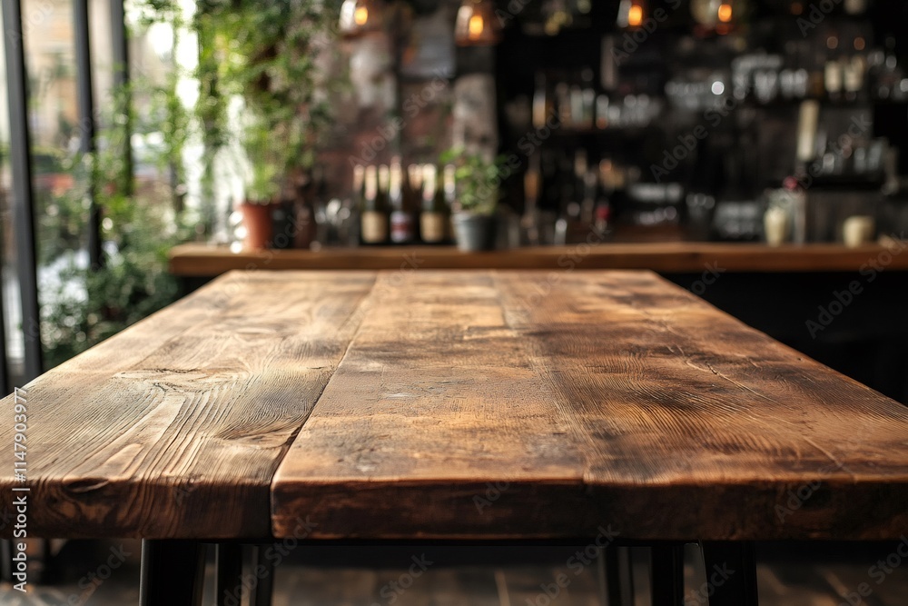 Poster empty wooden table in front of blurred restaurant background