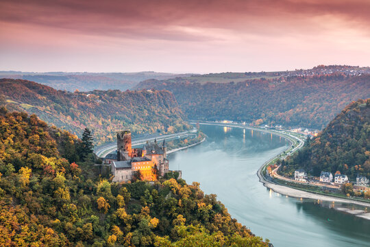 Burg Katz castle and romantic Rhine river in autumn at sunset, Germany