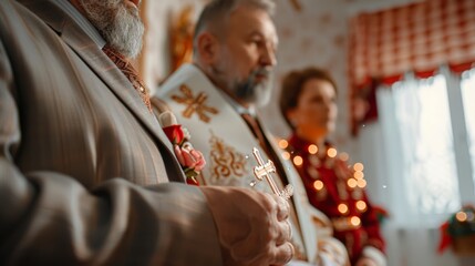 Saint Basil's Day. A priest and family participating in a sacred tradition, surrounded by candlelight and religious symbols.