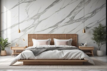 Modern bedroom interior mock up, wooden rattan bed on empty marble wall background