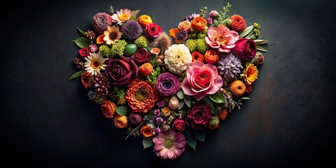 A vibrant and romantic heart-shaped arrangement of diverse flowers and botanical elements